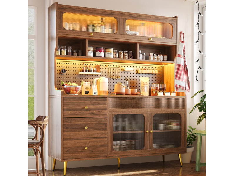 Buffet haut avec led 145 x 39 x 171 cm, verre strié, mdf et métal, noyer - Conforama E