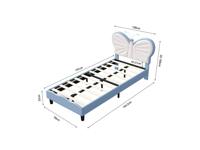 Lit enfant lit simple 90x190 cm, tête de lit papillon et lampe de lecture, style moderne, bleu  - Conforama E