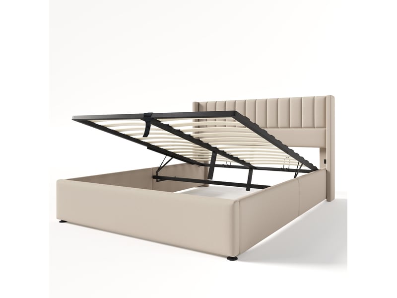  Lit coffre 160x200 cm en lin beige, avec sommier relevable hydraulique et grand rangement  - Conforama D