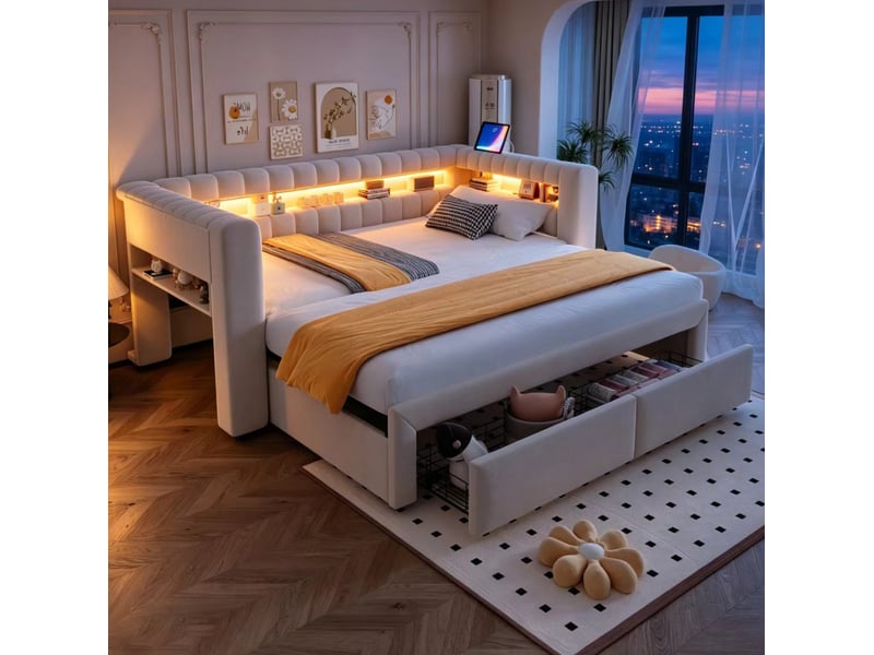  Lit gigogne capitonné 90x190 extensible 180x190 avec rangement evryae  - Conforama C