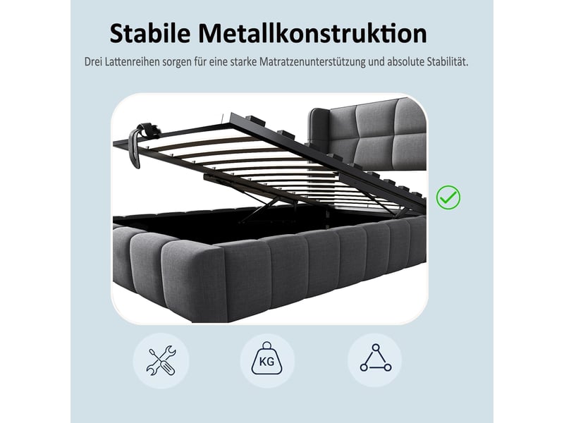  Lit coffre enfant simple 90×200 cm avec tête de lit, sans matelas - okmyhome- tissu gris, structure métal  - Conforama E