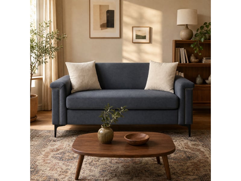 Canapé droit 2 places compact - accoudoirs larges, pieds métal, polyester gris foncé 172×72×82 cm - Conforama B