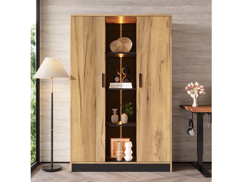 Vitrine 95x35x160 cm avec led, 2 portes, décor chêne et noir  - Conforama D