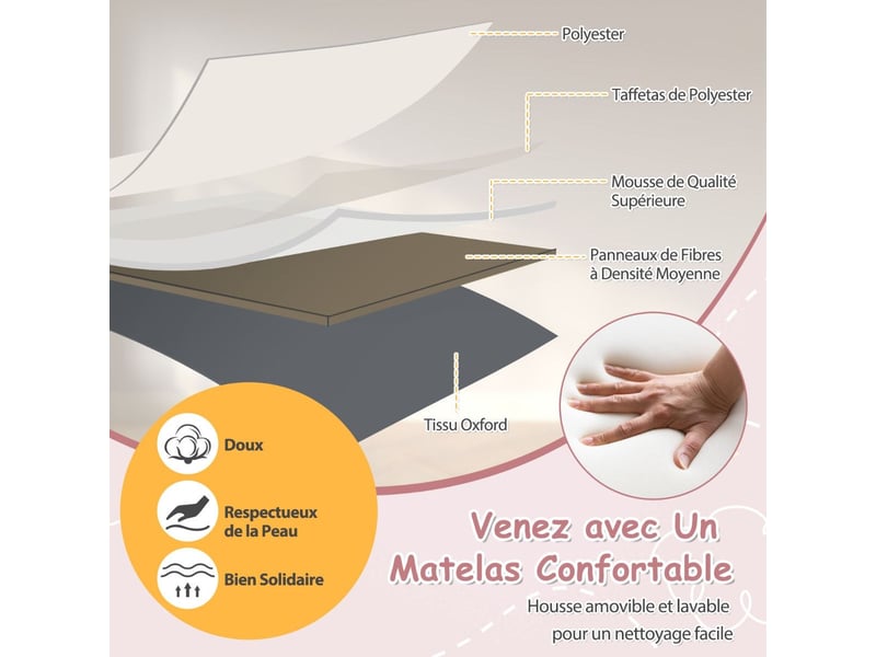  Costway lit cododo bébé pliable, hauteur réglable, matelas, inclinaison &amp; 2 sangles, roues avec frein (rose)  - Conforama E