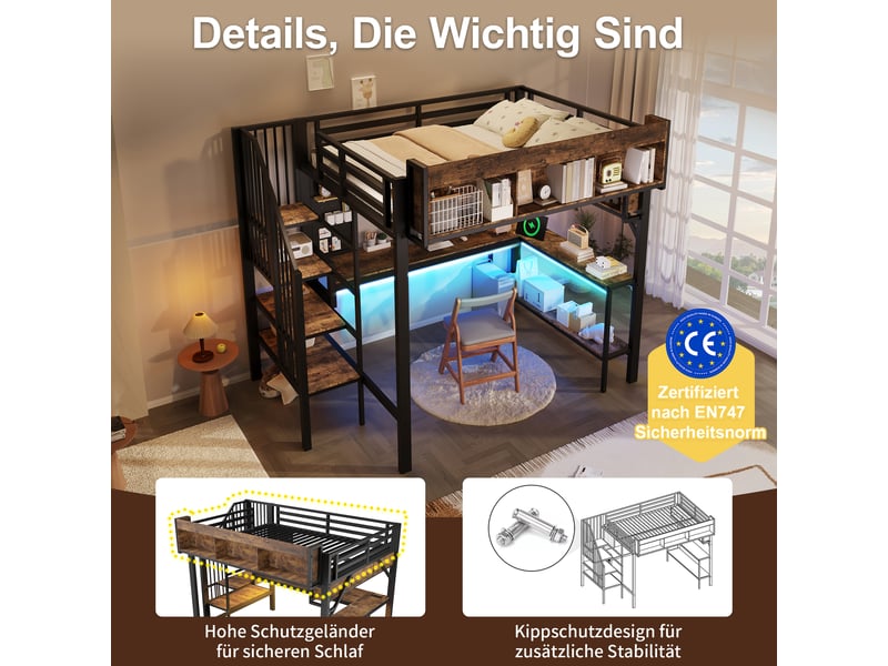  Lit mezzanine140x200cm - lit avec bureau d'angle - led usb type-c - escalier rangement - panneau perforé - marron vintage et noir  - Conforama C