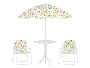 Ensemble salon de jardin extérieur enfant 4 pièces, motif éléphant et girafe, parasol réglable ø 100 cm, chaise pliable