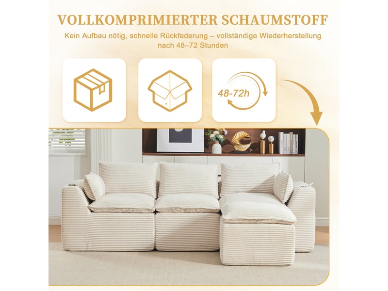Canapé modulable compression d'angle en l,256x161x75cm,velours côtelé,canapé 3 places avec pouf,porte-gobelets,poches latérales,sans montage,beige - Conforama E