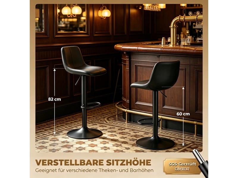  Tabourets de bar lot de 2 réglables en hauteur - lpospi - dossier, repose-pieds, rotation 360°, pu - noir  - Conforama E