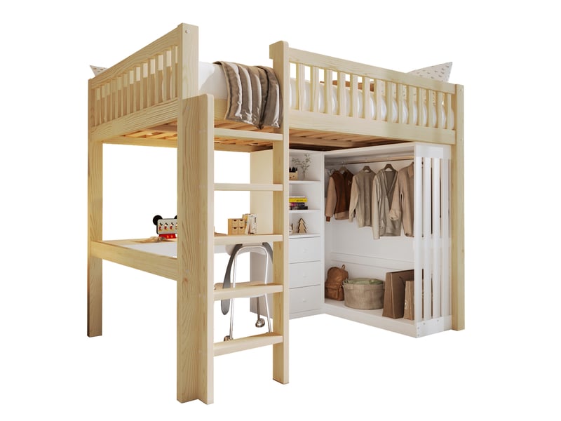 Lit mezzanine 140x200 cm avec bureau et rangement, armoire et tiroirs, blanc et naturel  - Conforama A