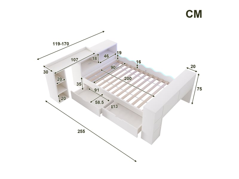  Lit combiné 90 × 200 cm avec bureau coulissant, 2 tiroirs, prises et led Fay Lum - Conforama C