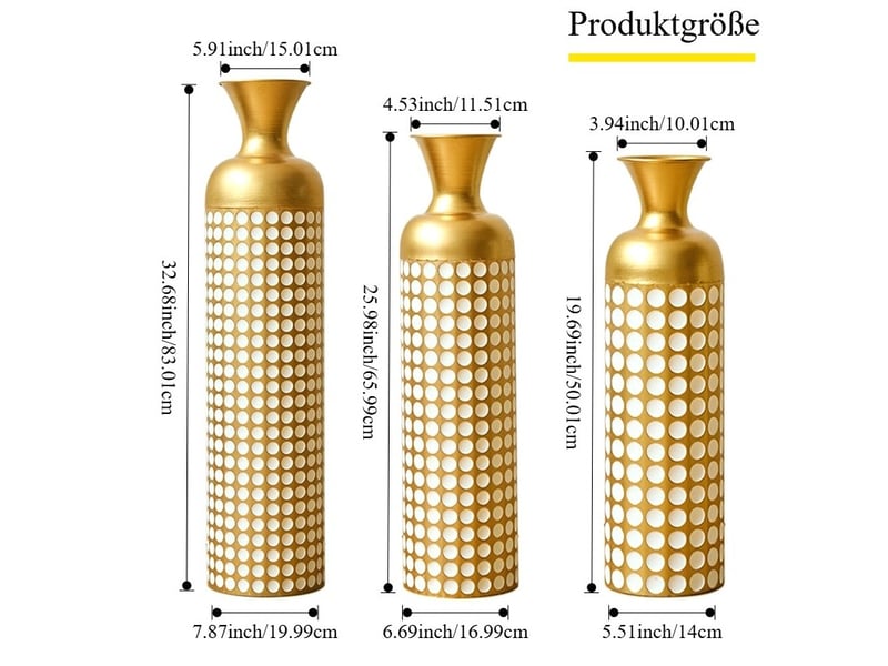  Set de 3 vases de sol 836650 cm motif à pois blancs métal bronze antique et blanc  - Conforama E