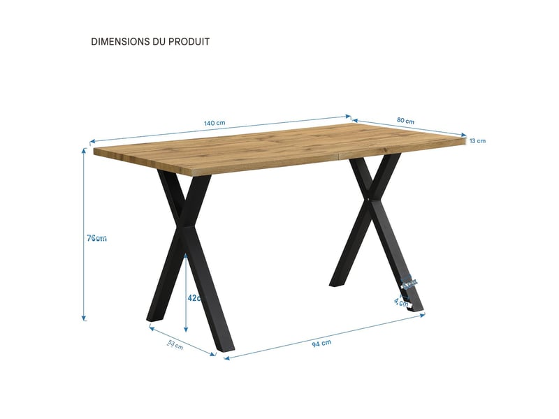  Table à manger rectangulaire en mdf chêne et métal noir 140x80x76 cm - pangivo  - Conforama C
