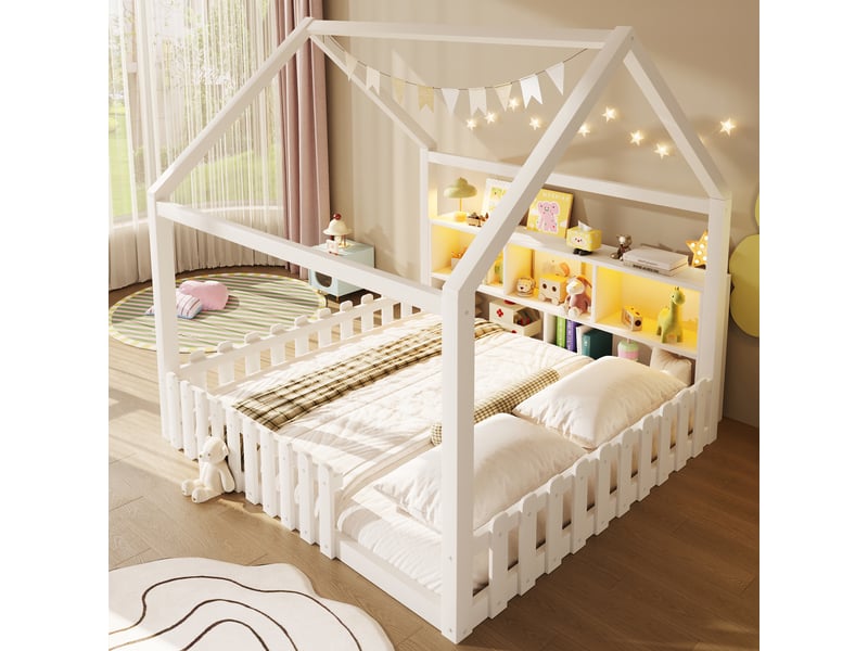  Lit cabane enfant en pin 140x190 cm avec garde-corps, rangements ouverts intégrés et éclairage led, structure mdf, style minimaliste, blanc  - Conforama C