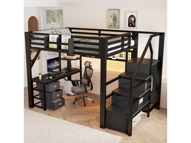  Lit mezzanine 140x200 cm, bureau intégré, 3 tiroirs rangement led, garde-corps sécurité, métal et mdf noir sans matelas  - Conforama D