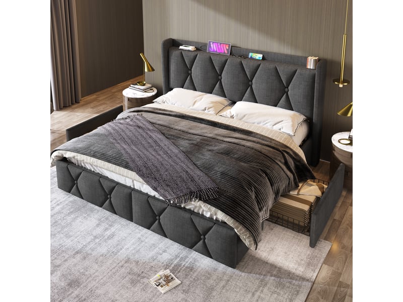 Lit double 140x200 cm - lit double capitonné avec matelas inclus, 4 tiroirs et ports usb, tissu gris - Conforama B