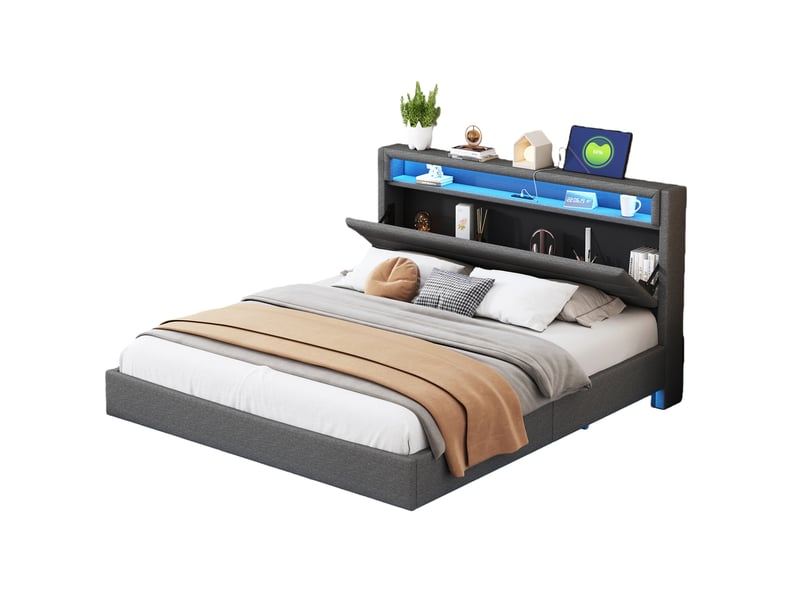  Lit double 160x200 cm - lit pour ado rembourré avec led et usb, tête de lit réversible lin gris  - Conforama A
