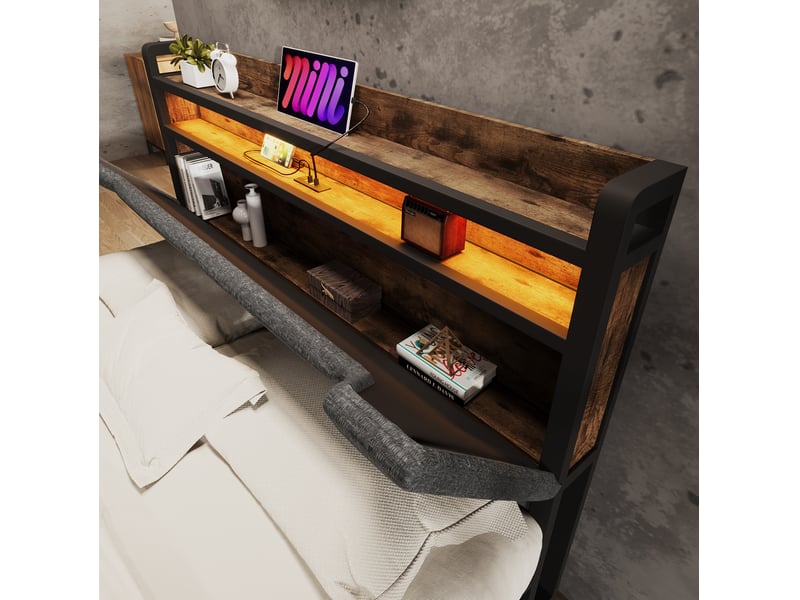  Lit double 160x200 cm avec tête de lit de rangement, éclairage led, tiroirs, lin, gris sans matelas  - Conforama D