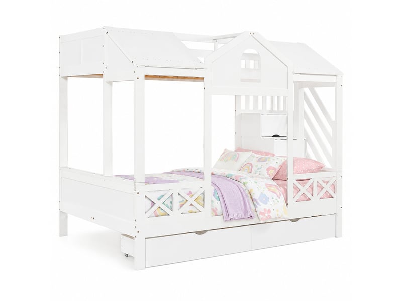 Lit superposé enfant 90×200 et 140×200 cm, 2 tiroirs et escalier rangement - sans matelas, bois - blanc - Conforama A