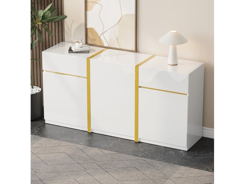 Buffet blanc et doré brillant 3 portes et 2 tiroirs 160 x 40 x 78 cm - Conforama B