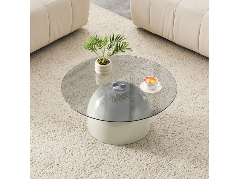  Table basse ronde en verre trempé et acier carboné avec piétement demi-sphère beige  - Conforama C