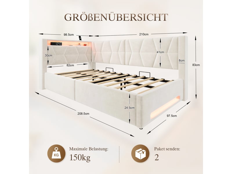  Lit banquette hydraulique 90x200 cm, led, usb-c, lit coffre rembourré, lit simple, éclairage tête et pied, velours, beige Seren Glow - Conforama C