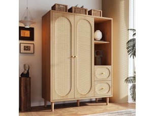 Armoire 2 portes 2 tiroirs avec étagères ouvertes et barre de penderie pour chambre et entrée en bois chêne