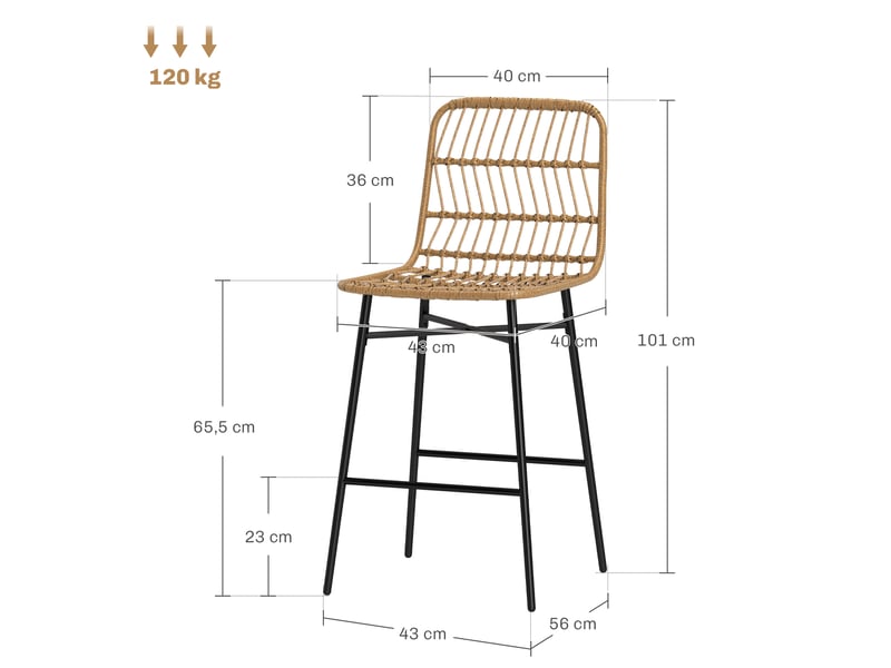  Lot de 2 tabourets de bar hauts avec dossier et assise en rotin, marron, pour cuisine, salle à manger ou bar.  - Conforama E