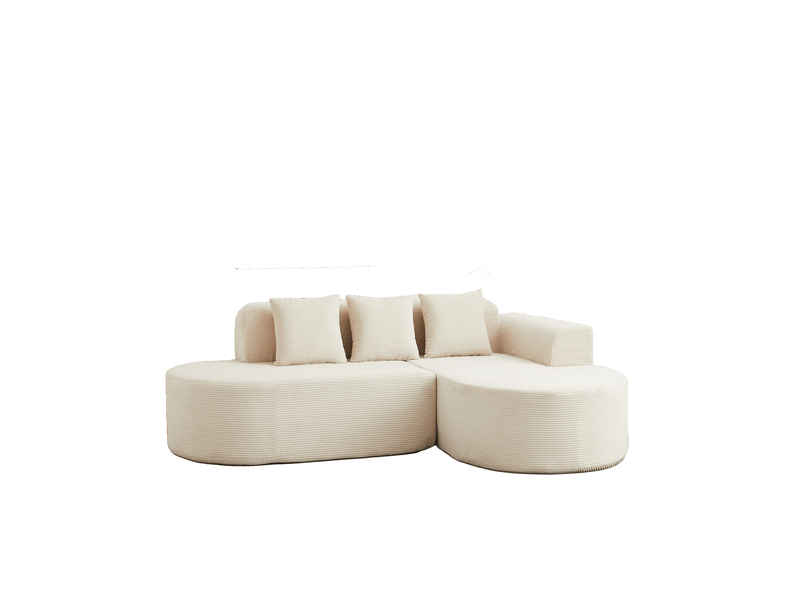  Canapé d'angle 4 places avec méridienne et trois coussins, dossier incurvé en velours côtelé beige, 220 × 155 × 70 cm  - Conforama A