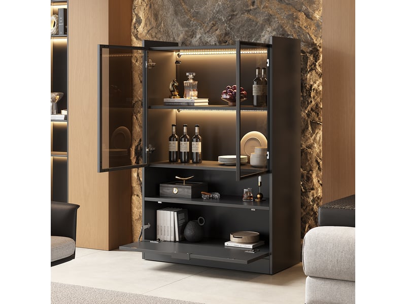  Vitrine led 80x35x120 cm avec portes en verre trempé, éclairage multicolore via appli, porte abattante, finition noir mat, meuble de rangement  - Conforama D