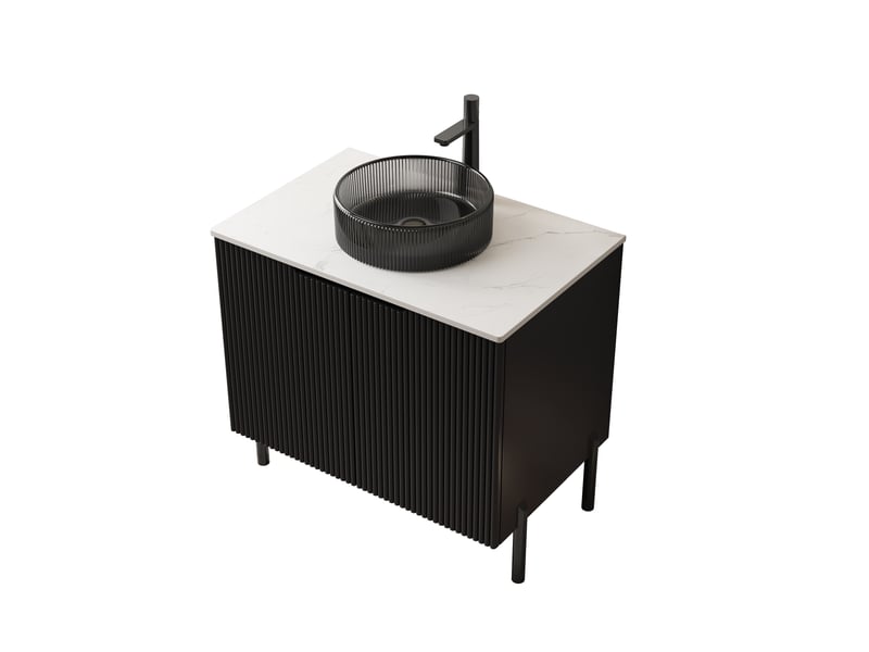  Meuble vasque sur pieds avec double porte et fermeture douce - lpospi - verre et pierre frittée noir blanc  - Conforama A