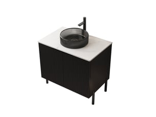 Meuble vasque sur pieds avec double porte et fermeture douce - verre et pierre frittée noir blanc