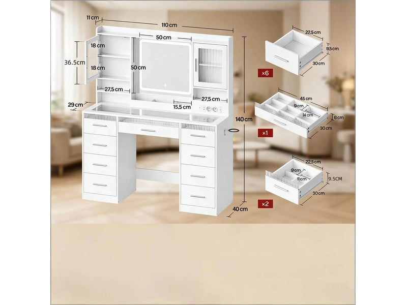  Coiffeuse moderne avec miroir et éclairage led, plateau en verre trempé, grand espace de rangement, blanche  - Conforama C