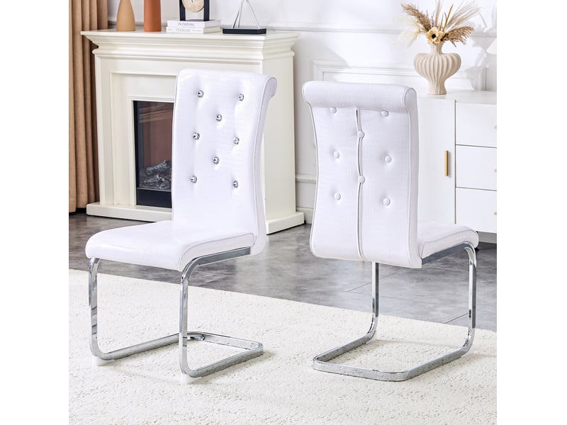  Chaise de salle à manger lot de 2 avec dossier ergonomique et boutons en cristal en pvc blanc et métal chromé  - Conforama B