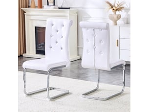 Chaise de salle à manger lot de 2 avec dossier ergonomique et boutons en cristal en pvc blanc et métal chromé