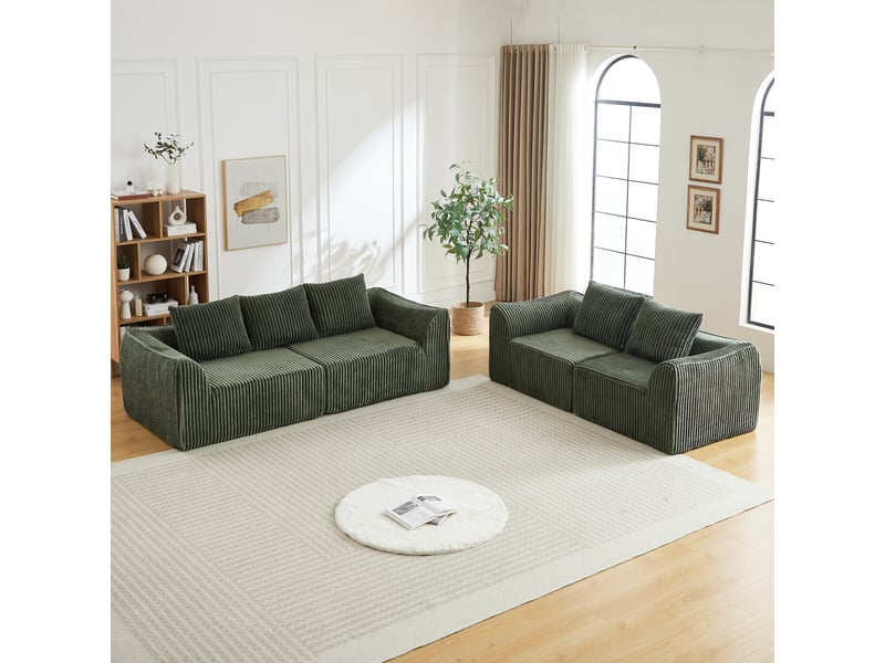 Canapé droit en velours côtelé vert, canapé 3 + 2 places avec 5 coussin, sans montage, mousse  - Conforama B
