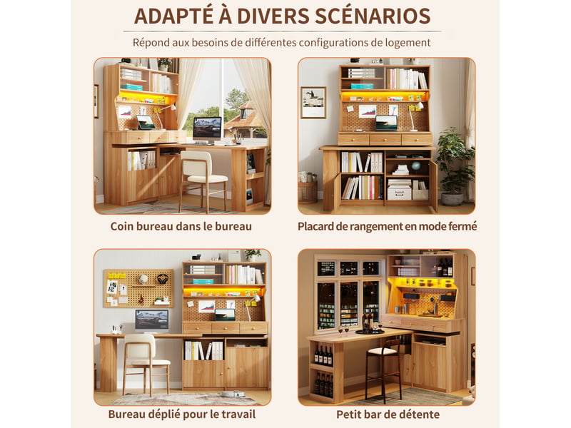  Bibliothèque bureau avec portes vitrées, étagères réglables et éclairage led pour salon, 137 × 74 × 177,7 cm  - Conforama E