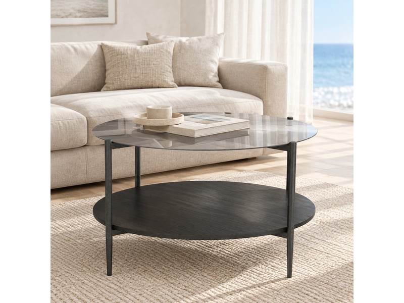 Table basse à deux niveaux en verre trempé noir et bois noir - Conforama D