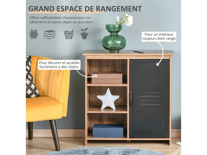Buffet industriel - meuble de rangement sur pied 3 niches placard - en bois et porte métal noir - Conforama D