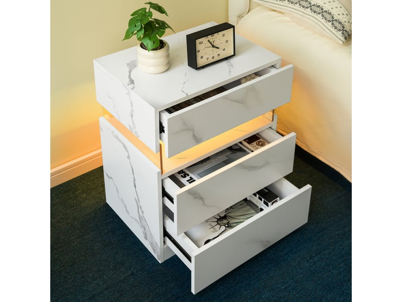  Table de chevet led blanc pierre, 3 tiroirs, panneau acrylique, design moderne  - Conforama D