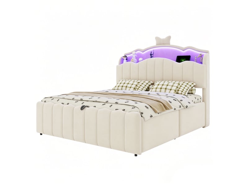  Lit coffre double 140 x 200 cm avec tête de lit rabattable avec rangements, éclairage led, ports usb et usb-c, sommier relevable, velours, beige Morn Vibe - Conforama A