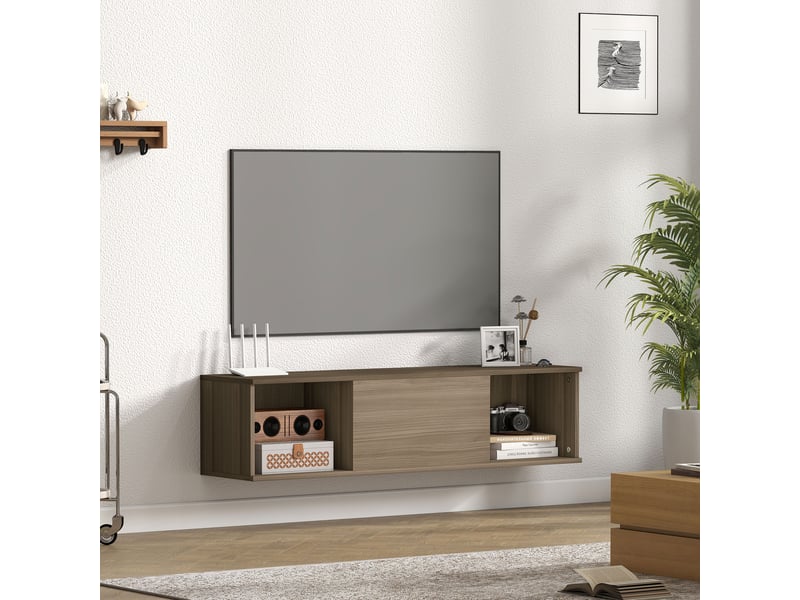  Meuble tv mural effet bois avec rangement ouvert et fermé, 120 x 30 x 29,5 cm  - Conforama D
