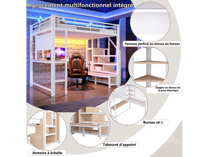  Lit mezzanine 140x200 cm, bureau, escalier avec rangement, led, usb et usb-c, métal et mdf, blanc, sans matelas  - Conforama E