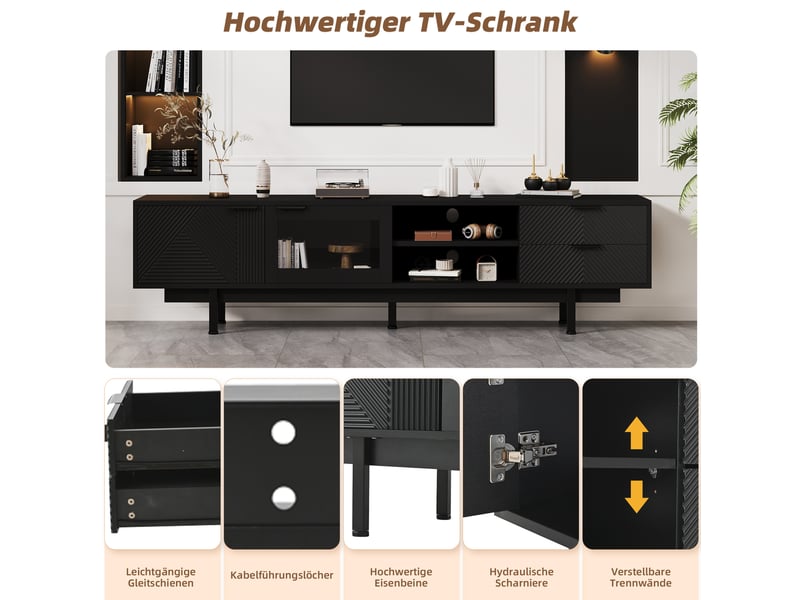  Meuble tv 200x40x50,5 cm, 2 portes, 2 tiroirs, rangement 3 niveaux, pour tv 80 pouces, panneau de particules, noir  - Conforama E