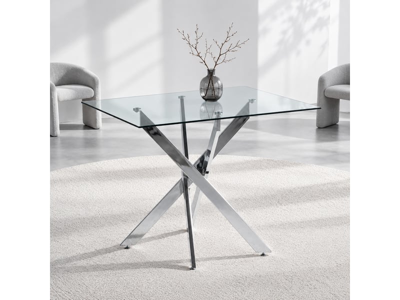  Table à manger carrée 80x80x75 cm en verre trempé et métal argenté  - Conforama D