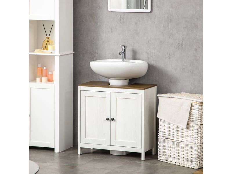  Meuble sous évier, placard bas avec 2 portes encadrées et étagère réglable, 60 x 30 x 60 cm, blanc  - Conforama D