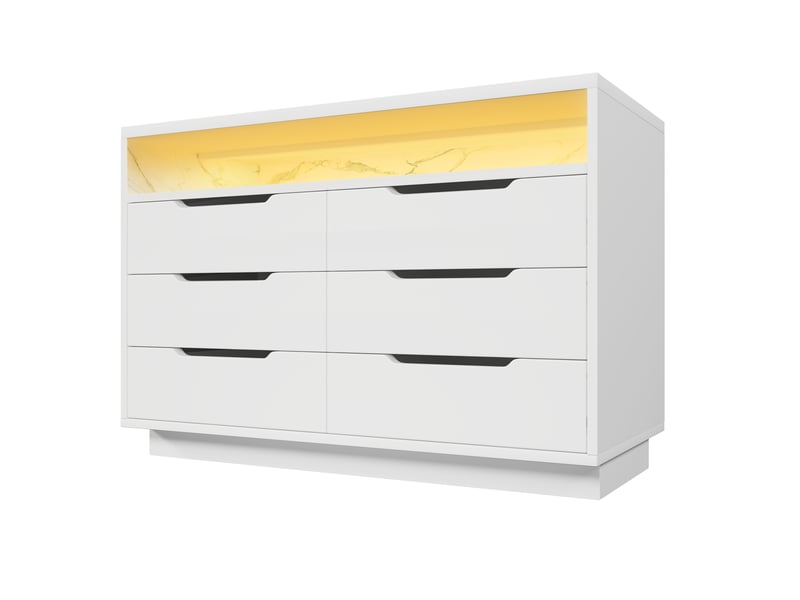Commode blanche 120x40x85 cm avec 6 tiroirs, led et niche effet marbre - Conforama D