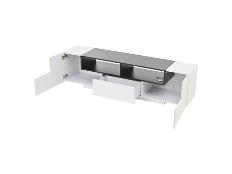  Meuble tv en l 180x40x48 cm — blanc et noir laqué brillant, led intégrée, tiroirs, compatible tv jusqu'à 75 pouces  - Conforama E