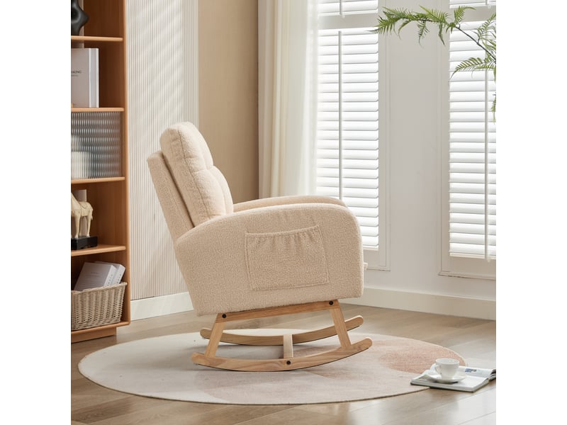 Fauteuil à bascule relax en tissu bouclé avec repose-pieds, fauteuil de salon à dossier haut, structure en bois massif et poche latérale - beige - Conforama D