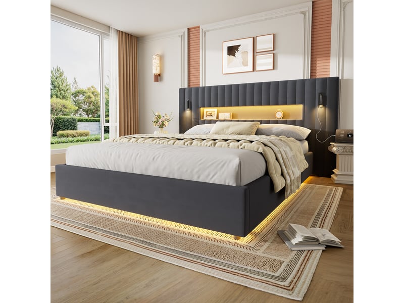  Lit double hydraulique avec liseuse et chargeur usb en velours gris foncé 180 × 200 cm  - Conforama D