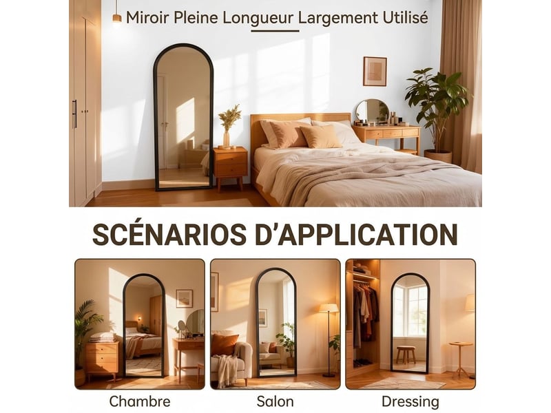 Miroir sur pied arqué pleine longueur 160 x 50 cm – grand miroir psyché autoportant avec cadre en bois massif et verre hd anti-déformation pour chambre, dressing et salon – noir - Conforama C